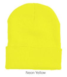 6 pieces 12" Long Cuff Ski Beanie Neon Yellow - Winter Beanie Hats