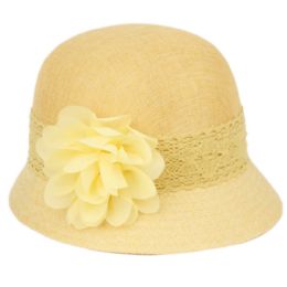 6 pieces Linen Cloche Hats With Lace Band And Flower Yellow - Church Hats