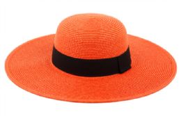 3 pieces of Wide Brim Braid Straw Floppy Hats With Grosgrain Band Orange