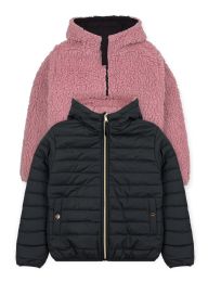 Girls Reversible Jacket With Sherpa Lining In Black And Pink Assorted Sizes 2-4t