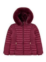 24 of Ladies Puffer Jacket With Faux Fur Hood Assorted Sizes S-Xl Burgundy