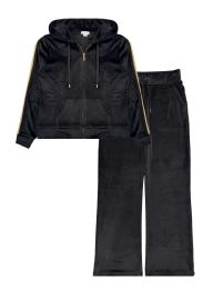 10 Pieces Women's Velour Zip Hoodie & WidE-Leg Pant Set Assorted Sizes S-L, Black - Women's Active Wear Sets