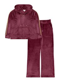 10 Pieces Womens Velour Zip Hoodie & WidE-Leg Pant Set Assorted Sizes S-L, Burgundy - Women's Active Wear Sets