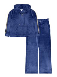 10 Pieces Womens Velour Zip Hoodie & WidE-Leg Pant Set Assorted Sizes S-L, Blue - Women's Active Wear Sets