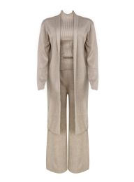 Womens 3-Piece Ribbed Knit Loungewear Set In Beige Sizes S/m And L/xl