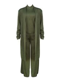Womens 3-Piece Ribbed Knit Loungewear Set In Olive Sizes S/m And L/xl
