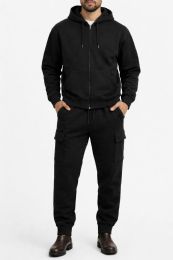 18 sets of Cotton Fleece Cargo Jogger And Zipper Hoodie Set In Black Assorted Sizes M- 2xl