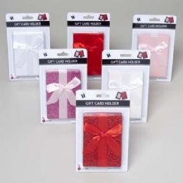 24 Wholesale Gift Card Holder Box W/satin Bow 4.4x3 X .5in Glitter/embossed 3clrs/12pc Mdsgstrip