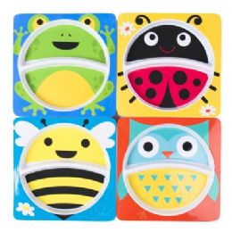 24 Wholesale Dinnerware Kids Square 2-Section Plate 4ast Animals 8x8in/24pc Pdq