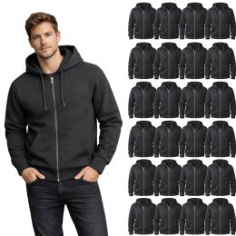 24 Pieces Men's Cotton Fleece Full Zip Hooded Sweat Shirt Heather Gray Assorted Sizes M- 2xl - Mens Sweat Shirt