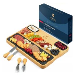 5 Pieces 17" Bamboo Cheese Board Wslate Plate & 4pc Cutlery Set - Royal Craft Wood - Kitchen Gadgets & Tools