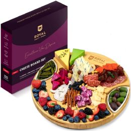 8 Pieces 13.7" Rnd Bamboo Cheese Board W2 Ceramic Bowls & 3pc Cutlery Set - Royal Craft Wood - Kitchen Gadgets & Tools