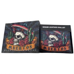 12 pieces of Faux Leather Bifold Wallet In Black With Dia De Los Muertos Design