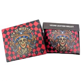 12 pieces of Faux Leather Bifold Wallet In Red With Dia De Los Muertos Design