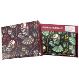 12 pieces of Faux Leather Bifold Wallet In Red And Black With Money Skull Design