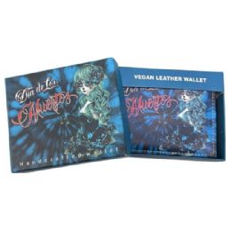 12 pieces of Faux Leather Bifold Wallet In Black And Blue With Dia De Los Muertos Design