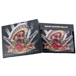 12 pieces of Faux Leather Bifold Wallet In Black With Dia De Los Muertos Skull Design