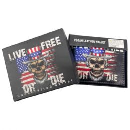 12 pieces Faux Leather Bifold Wallet In Black With Live Free Or Die Design - Leather Purses and Handbags