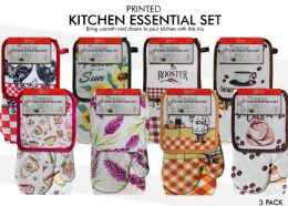 48 Pieces 3pcs Set Printed Oven Mitt With Pot Holder & Kitchen Towel - Oven Mits & Pot Holders