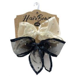 24 pieces 2 Pack Ivory And Black French Tulle Bow Barrettes With Rhinestones - Hair Accessories