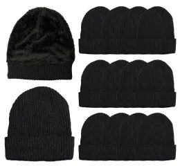 168 Pieces Yacht & Smith Adults Sherpa Lined Winter Beanies In Black - Winter Beanie Hats