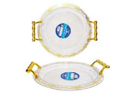 24 Pieces CrystaL-Like Tray Round 13.75-inchx1.35-inch With Gold Handle - Plastic Serving Ware