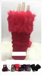 24 Wholesale Women's Faux Fur Trim Cable Knit Fingerless Gloves Assorted Color