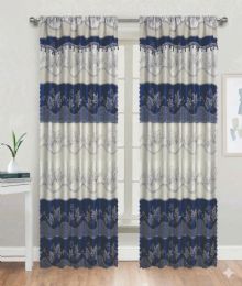 24 Pieces Leaf Embroidered Silky Tassel Curtains Navy - Window Curtains