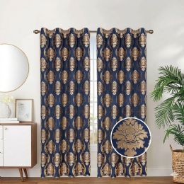 12 Pieces Floral Jacquard Grommet Eyelet Curtains Navy - Window Curtains