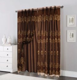 24 Pieces Double Layer Sheer Damask Lace Voile Panels Brown - Window Curtains