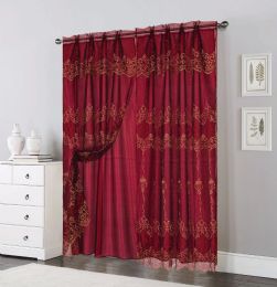 24 Pieces Double Layer Sheer Damask Lace Voile Panels Burgundy - Window Curtains