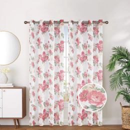 24 Pieces Floral Sheer With Foil Grommet Curtain Red - Window Curtains