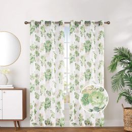 24 Pieces Floral Sheer With Foil Grommet Curtain Sage - Window Curtains