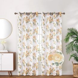 24 Pieces Floral Sheer With Foil Grommet Curtain Gold - Window Curtains