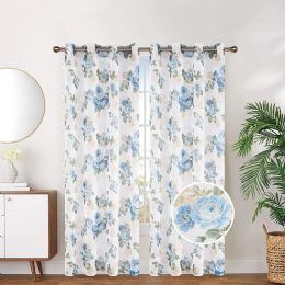 24 Pieces Floral Sheer With Foil Grommet Curtain Aqua - Window Curtains