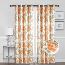 24 Pieces Floral Blackout With Foil Grommet Curtain Orange - Window Curtains