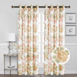 24 Pieces Floral Blackout With Foil Grommet Curtain Gold - Window Curtains