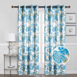 24 Pieces Floral Blackout With Foil Grommet Curtain Aqua - Window Curtains