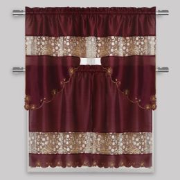 24 Pieces Burgundy Kitchen Curtain 3 Piece Set - Window Curtains