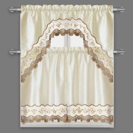 24 Pieces Beige 3-Piece Scalloped Kitchen Curtain Set - Window Curtains