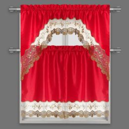24 Pieces Red 3-Piece Scalloped Kitchen Curtain Set - Window Curtains