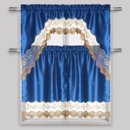 24 Pieces Navy 3-Piece Scalloped Kitchen Curtain Set - Window Curtains