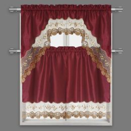 24 Pieces Burgundy 3-Piece Scalloped Kitchen Curtain Set - Window Curtains