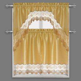24 Pieces Gold 3-Piece Scalloped Kitchen Curtain Set - Window Curtains