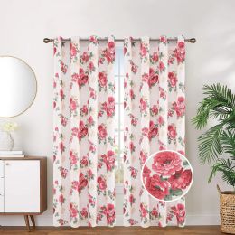 24 Pieces Red Floral Blackout Grommet Curtain - Window Curtains