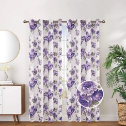 24 Pieces Purple Floral Blackout Grommet Curtain - Window Curtains
