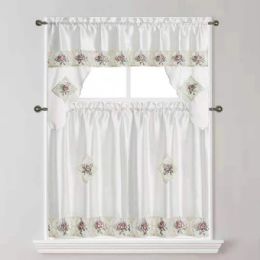 24 Pieces Beige 3-Piece Satin Kitchen Curtain Set - Window Curtains