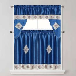 24 Pieces Navy 3-Piece Satin Kitchen Curtain Set - Window Curtains