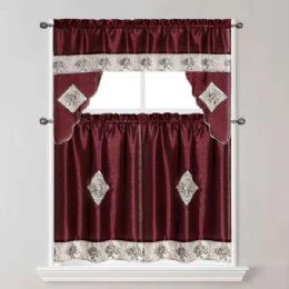 24 Pieces Burgundy 3-Piece Satin Kitchen Curtain Set - Window Curtains