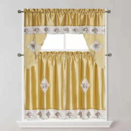 24 Pieces Gold 3-Piece Satin Kitchen Curtain Set - Window Curtains